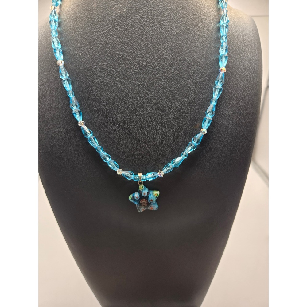 Millefiori Glass Star Pendant Necklace Blue Beaded Toggle Clasp 8" Handcrafted